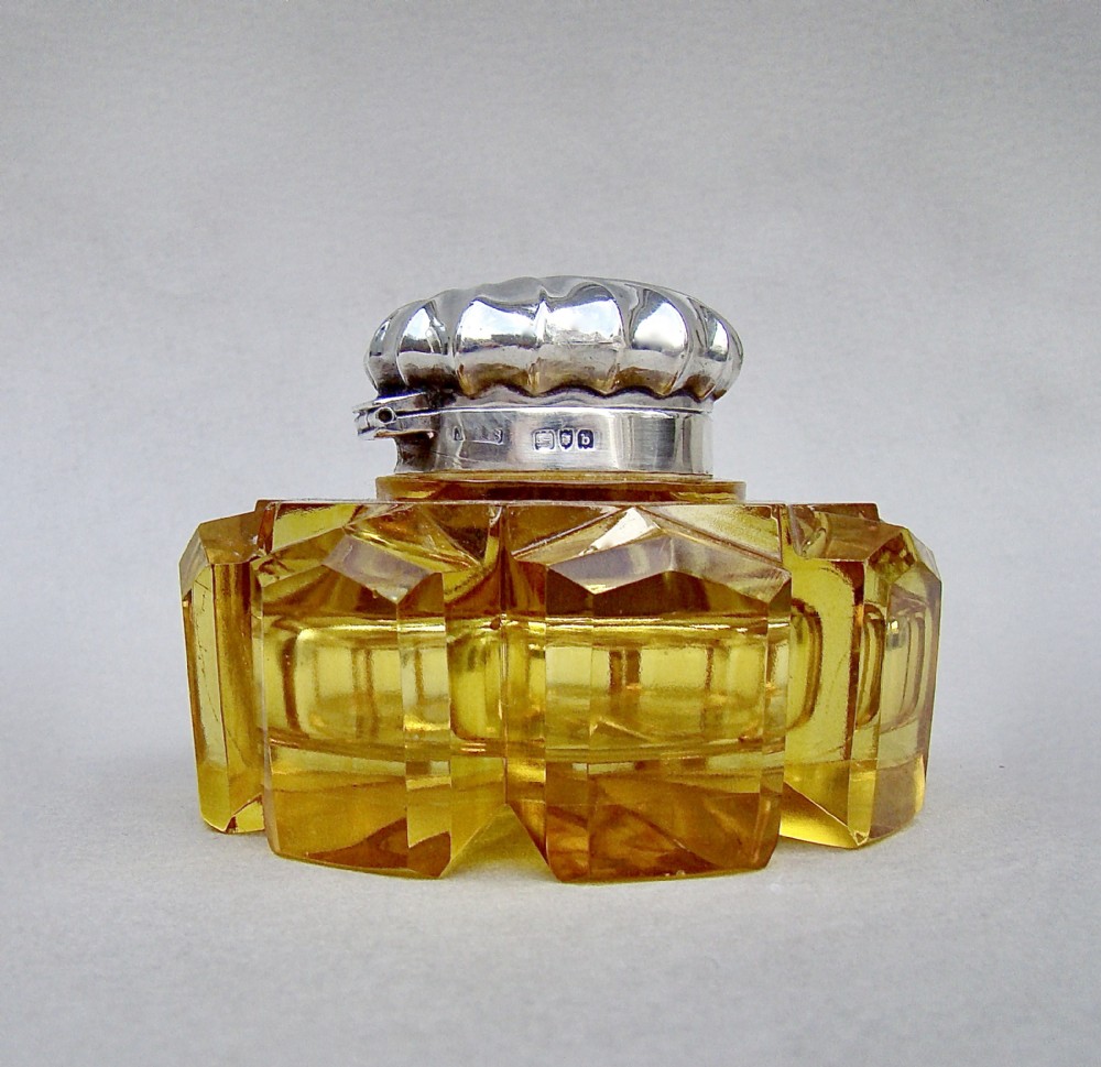 stunning victorian silver mounted amber glass inkwell by j grinsell london 1897