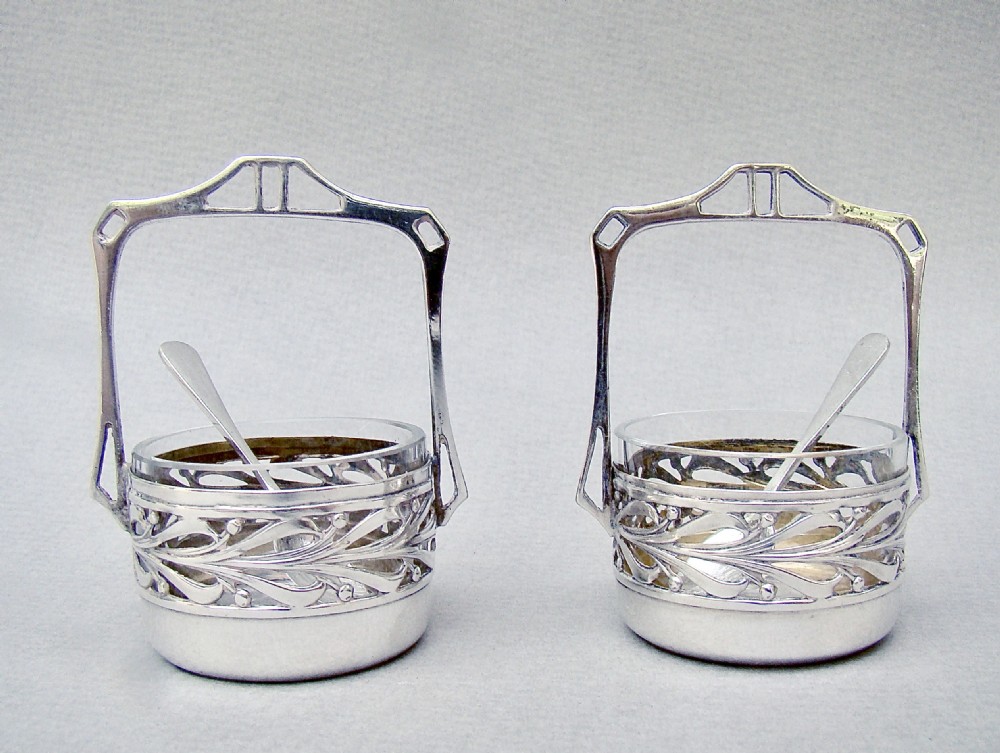 exquisite pair of art nouveau german silver jugendstil salts spoons circa 1900