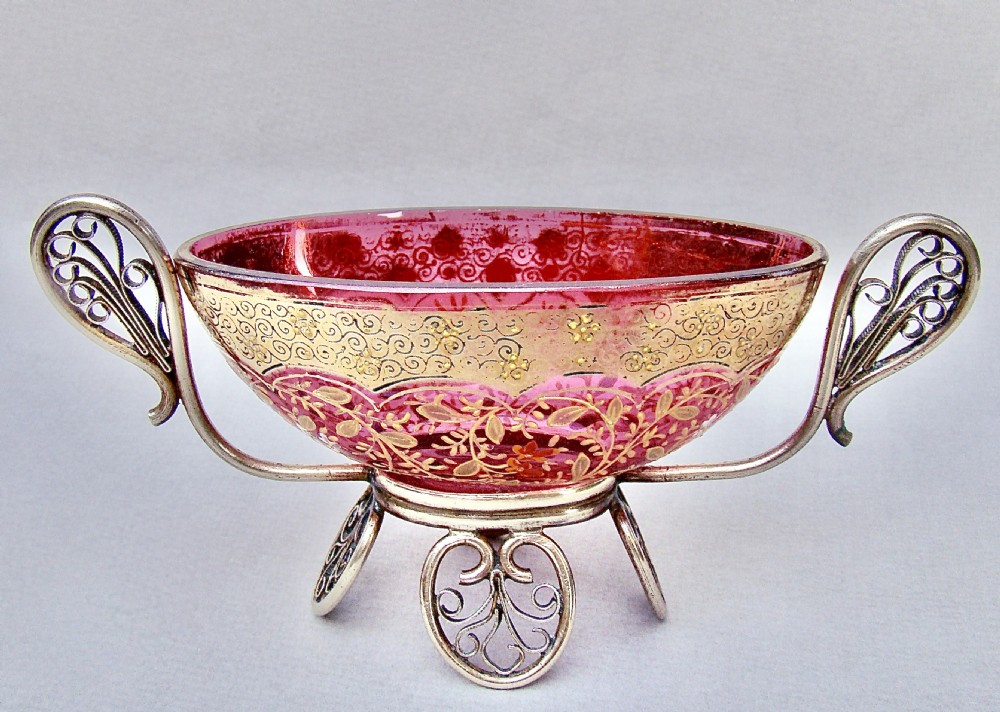 exquisite 19th c small moser cranberry and gilt glass trinket dish on ormulu stand circa 1890