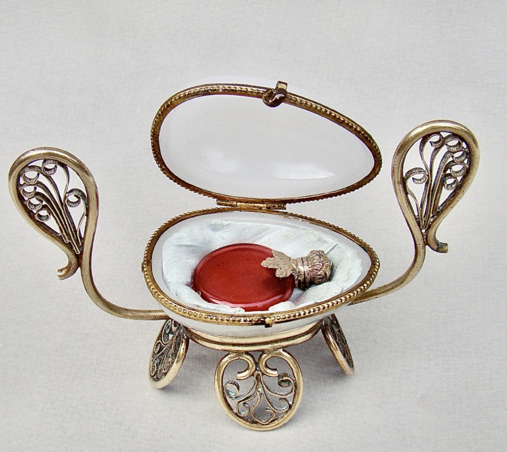 rare 19th c french palais royal cranberry glass scent bottle in opaline glass egg casket circa 1880