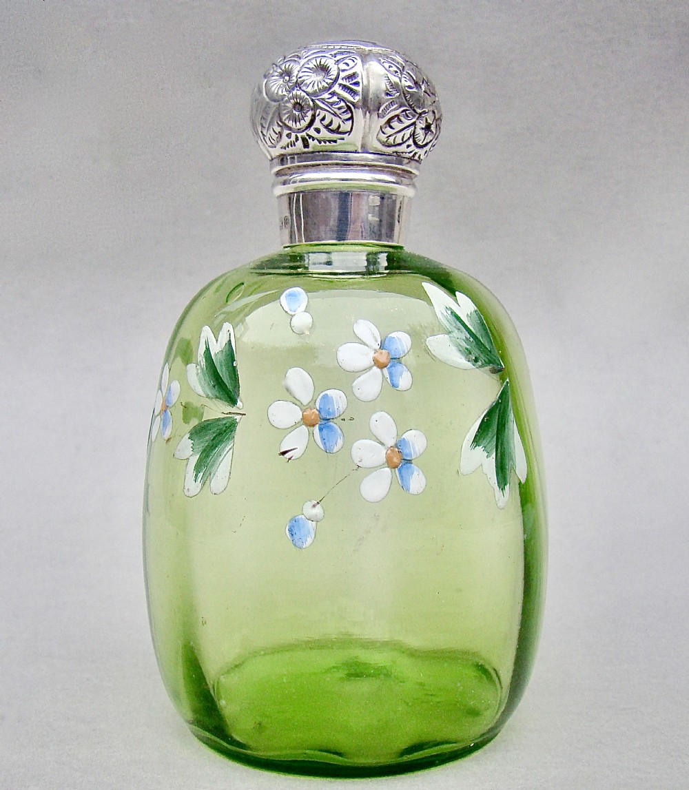 victorian silver lidded green enamelled glass scent bottle by j grinsell sons birmingham 1900