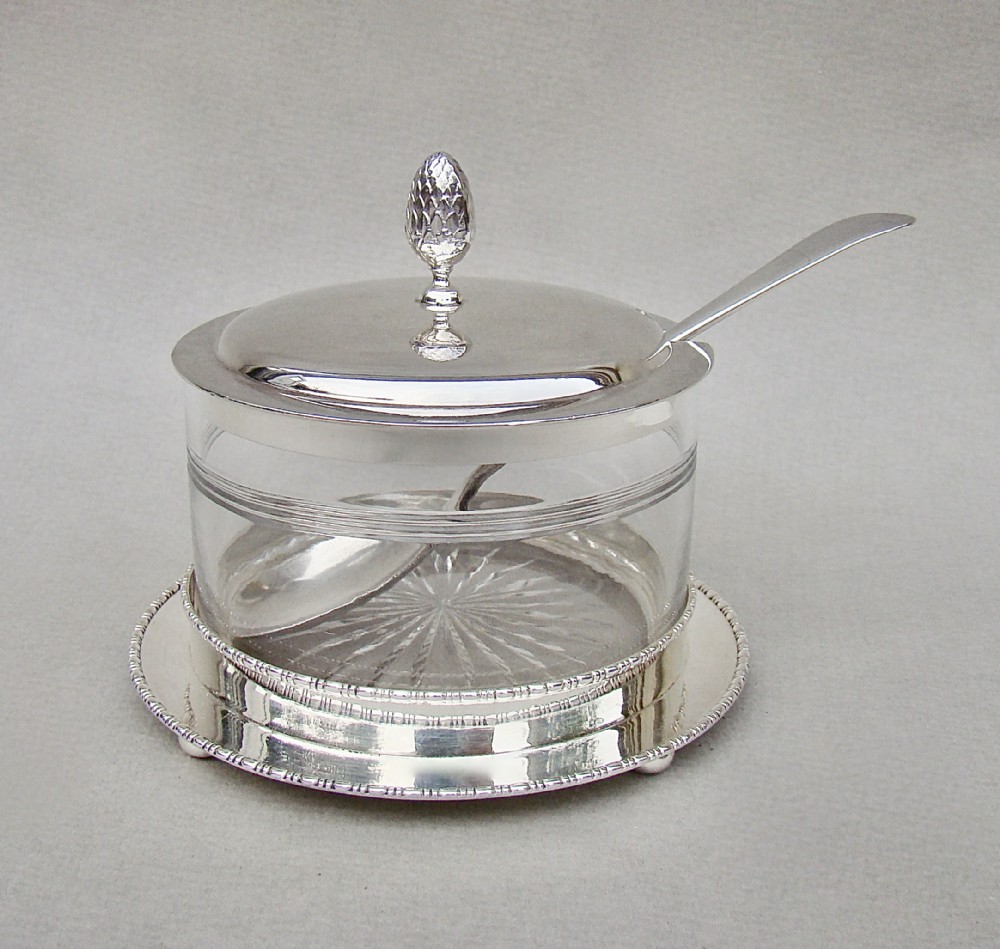 elegant art deco silver mounted preserve jar and stand by stokes ireland chester 1921