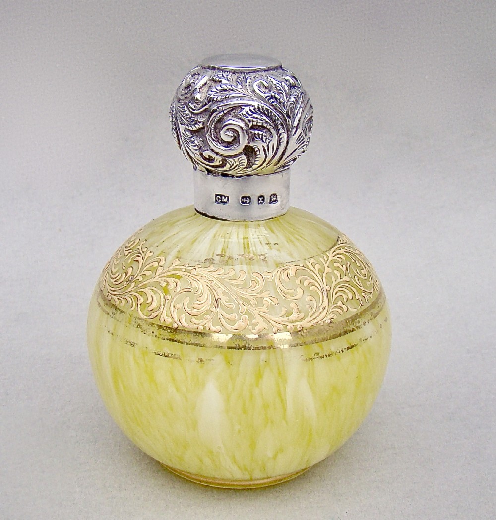 unusual victorian silver mounted spatter glass scent bottle by charles may birmingham 1897