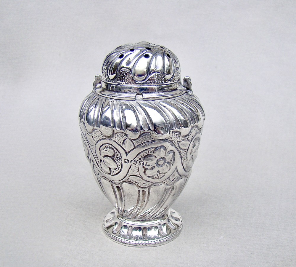 delightful victorian silver pounce pot by james deakin sons sheffield 1886