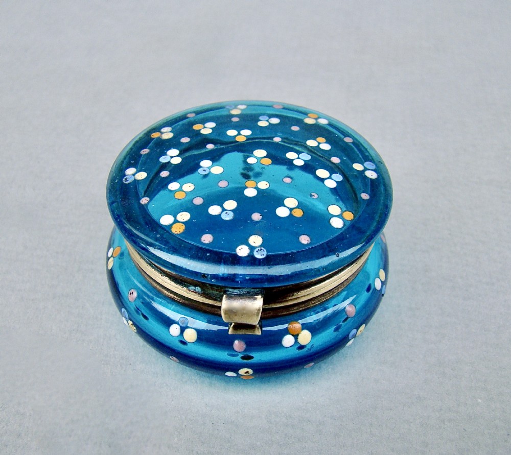 delightful french turquoise glass enamelled trinket box circa 1890
