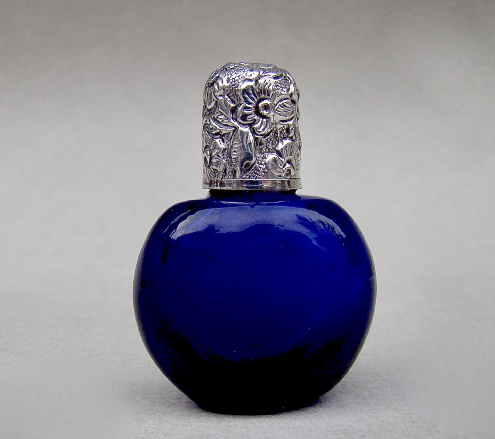 small and exquisite victorian silver and bristol blue glass scent bottle circa 1890