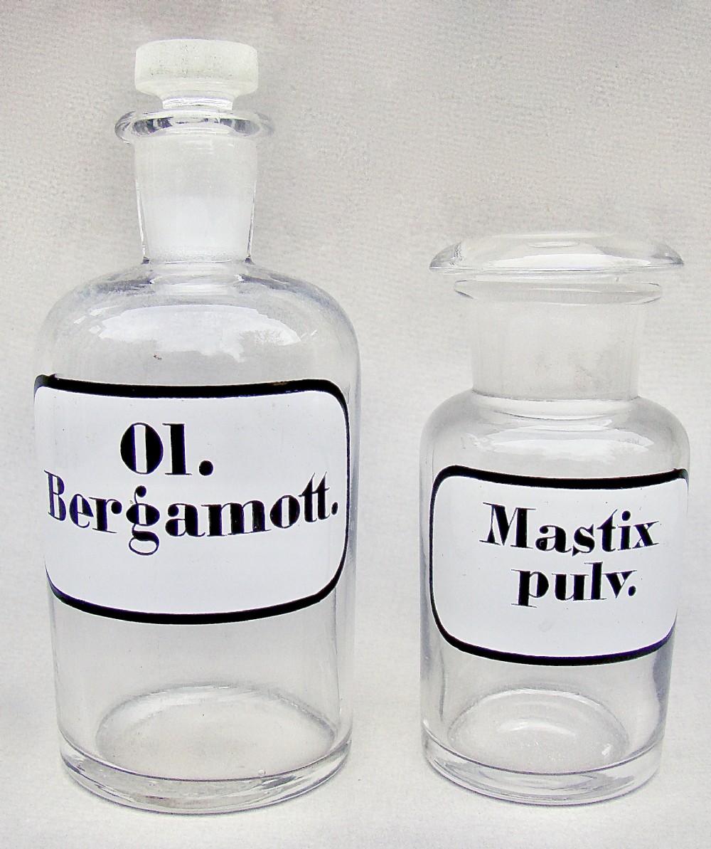 set of two small victorian white label apothecary jars circa 1890