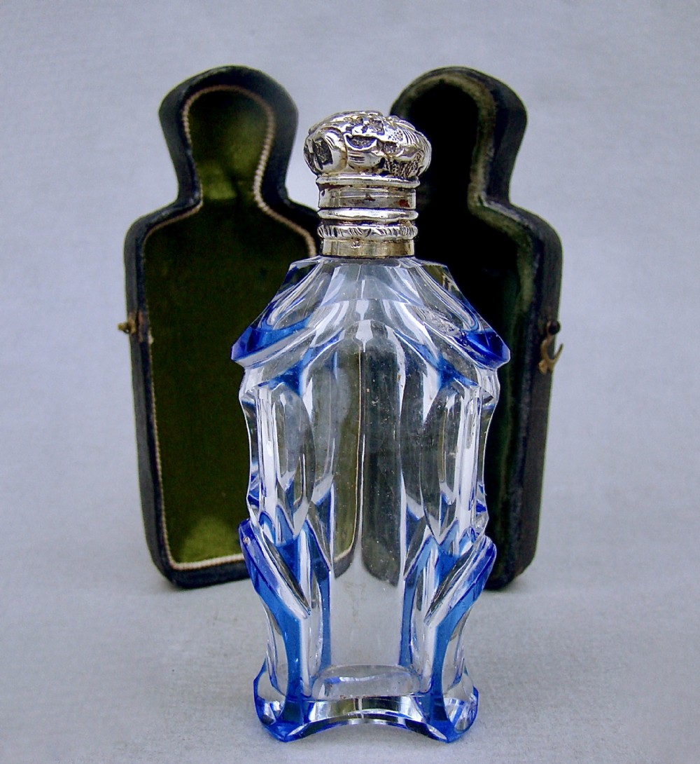 19th c french cased silver and blue overlay glass scent bottle circa 1870