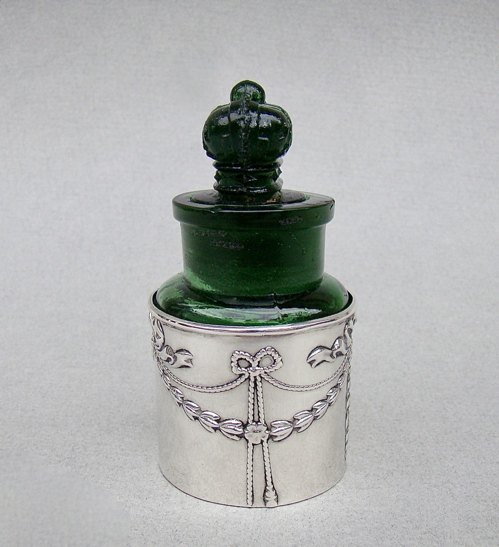 edwardian silver green glass crown perfumery scent bottle by henry matthews chester 1907