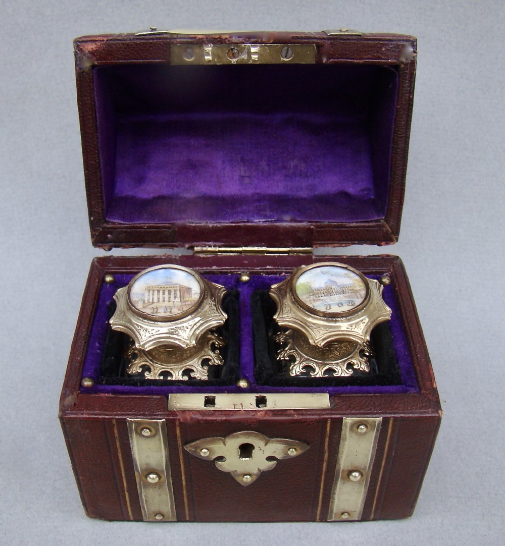 fabulous pair of 19th c french palais royal scent bottle in leather casket circa 1870