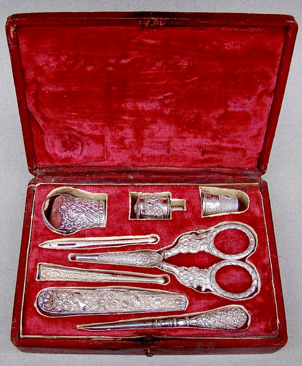 exceptional 19th century french 8 pieces silver sewing set circa 1840