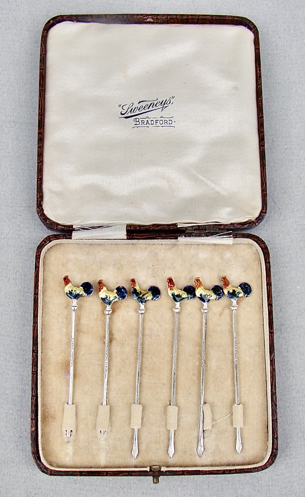 midcentury cased set of six sterling silver enamelled cockerel cocktail sticks circa 1950