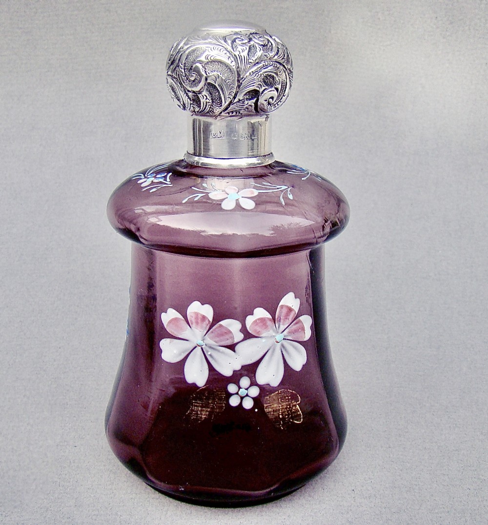 exquisite silver amethyst enamelled glass scent bottle by charles may birmingham 1910