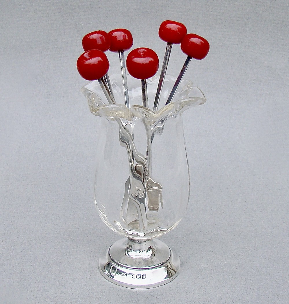 rare set of six art deco silver cherry cocktail sticks london 1934 in silver and cut glass holder