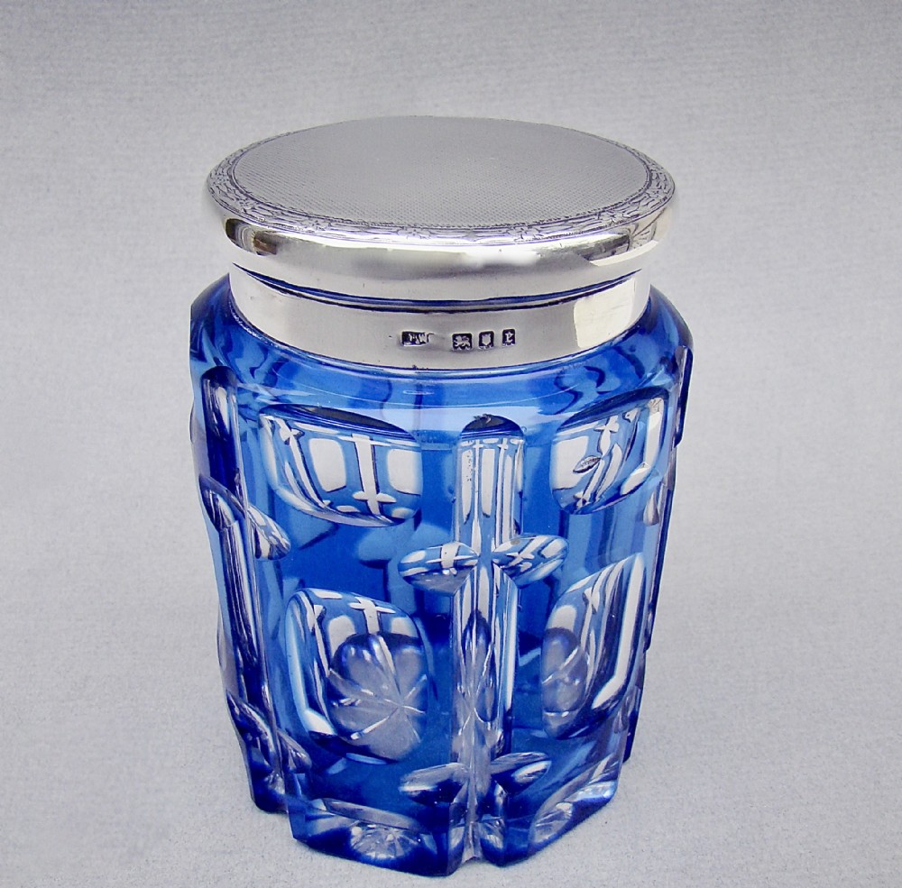stunning silver mounted large bohemian bristol blue glass dressing table jar by mappin webb london 1920