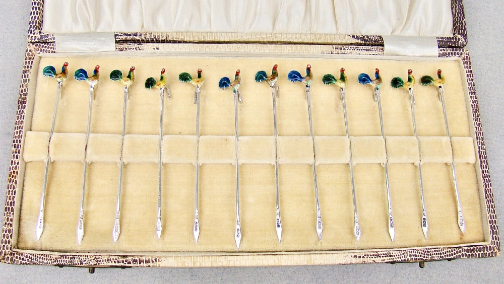 rare art deco cased set of twelve silver enamelled cockerel cocktail sticks by a scott birmingham 1928