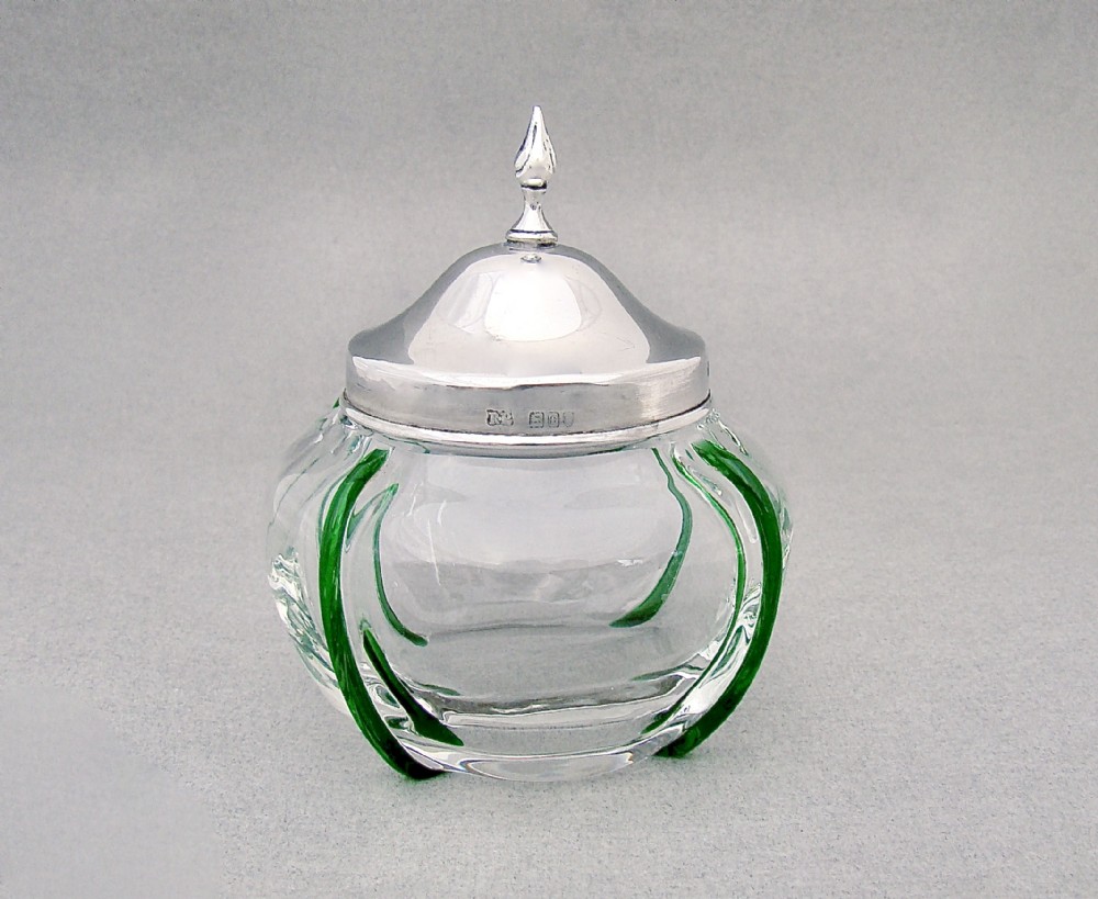 unusual edwardian silver and trailed glass dressing table jar by robert pringle sons london 1901