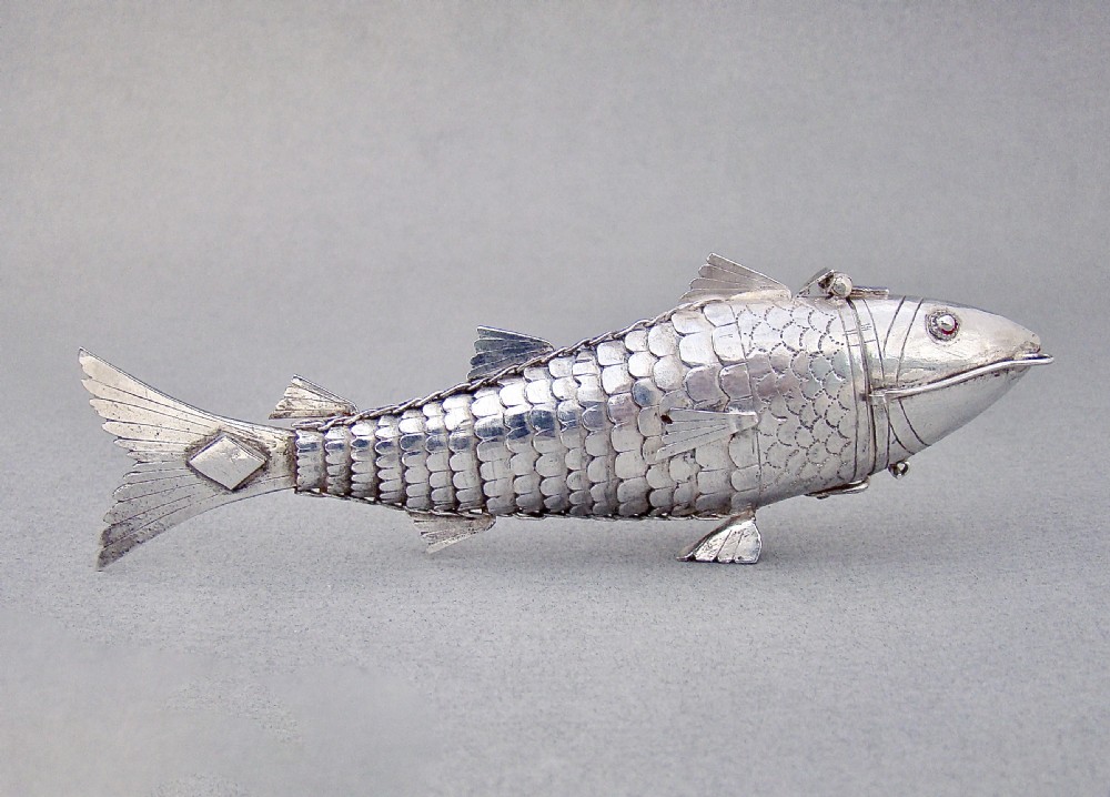 victorian sterling silver articulated fish spice box circa 1880