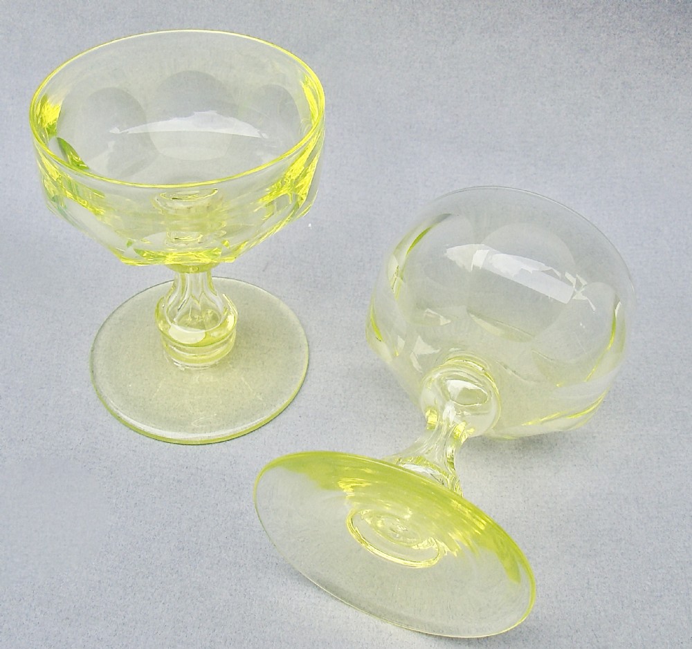 rare pair of victorian uranium glass champagne glasses circa 1890