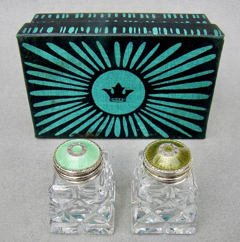 cased pair of norwegian art deco silver and enamel salts circa 1930