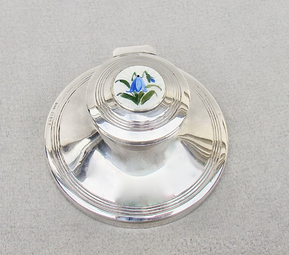 unusual silver small capstan inkwell with guilloche enamel floral medallion birmingham 1910