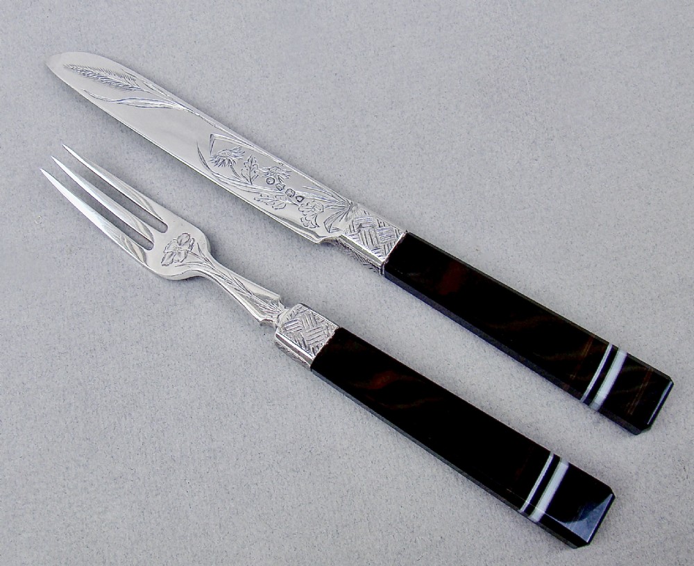 victorian aesthetic movement silver banded agate knife and fork set by walter john barnard london 1881