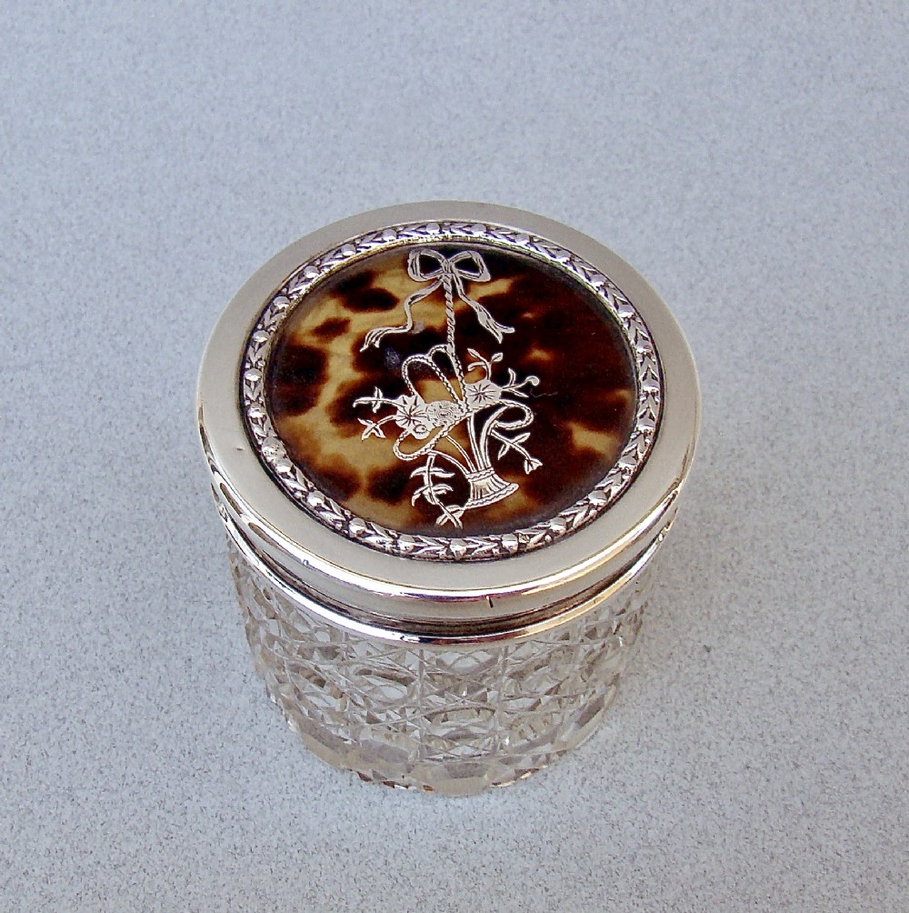 exquisite edwardian silver tortoiseshell cut glass vanity jar london 1910