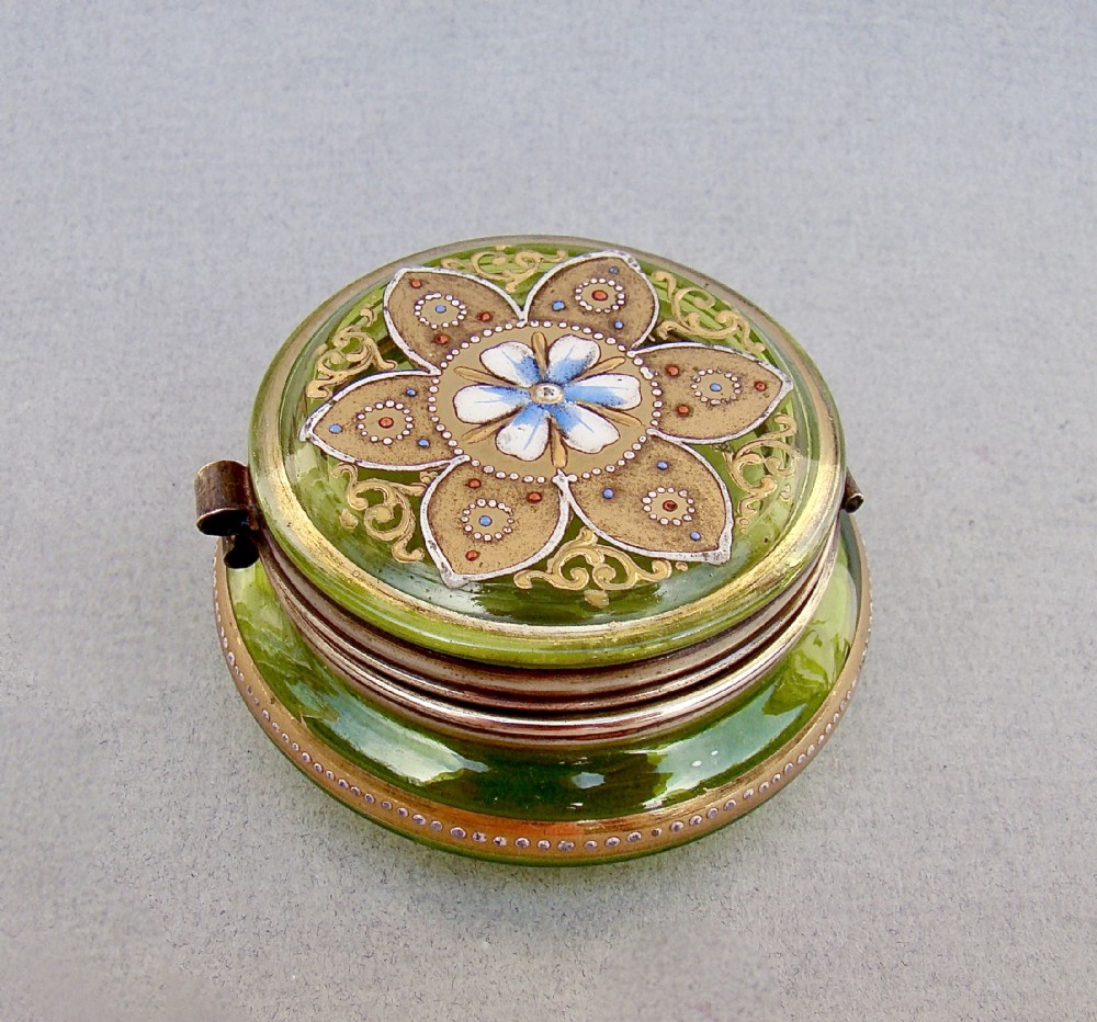 delightful french enamelled gilt green glass trinket box circa 1890