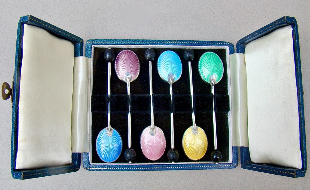 cased set of 6 silver guilloche enamel bean knop coffee spoons by turner simpson birmingham 1965