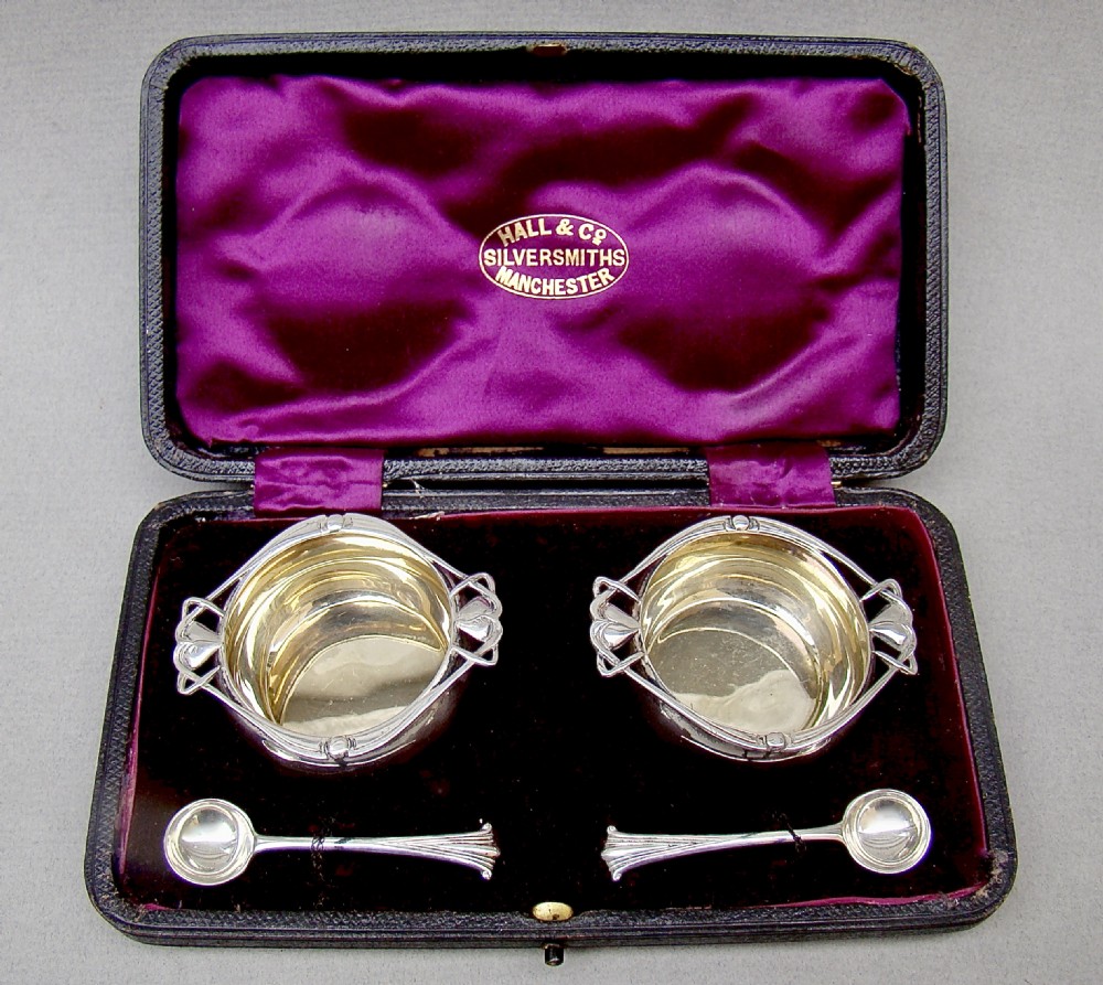 exquisite cased pair of art nouveau silver salts by josiah williams co london 1908